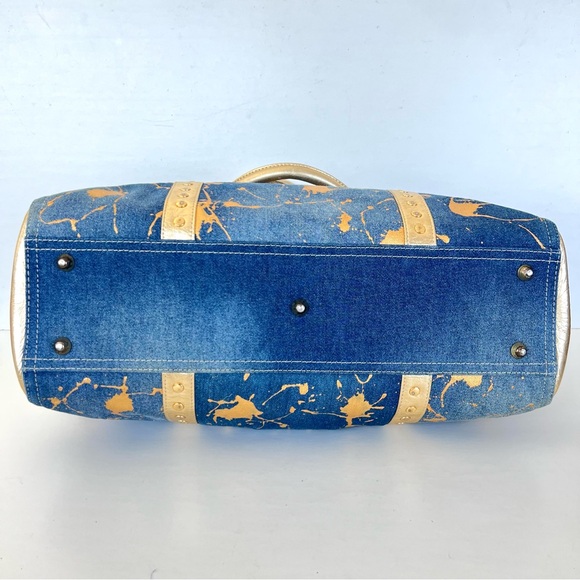 JUNIOR DRAKE Metallic Gold Studded Leather Blue Denim Weekender Oversized Tote - Picture 8 of 16
